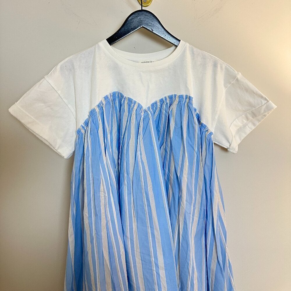WISHLIST Nordstrom Stripe Twofer Mixed Media Cotton Babydoll Dress in Blue Combo - Picture 4 of 10